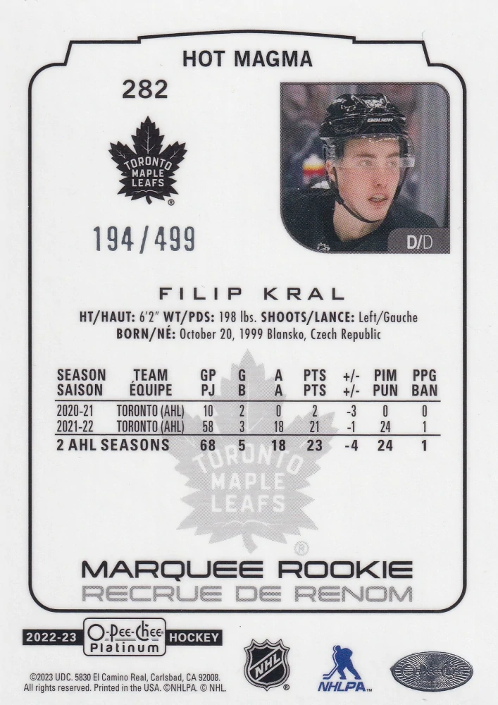 2022-23 UD O-Pee-Chee Platinum - Filip Král - Marquee Rookie Hot Magma /499 #282