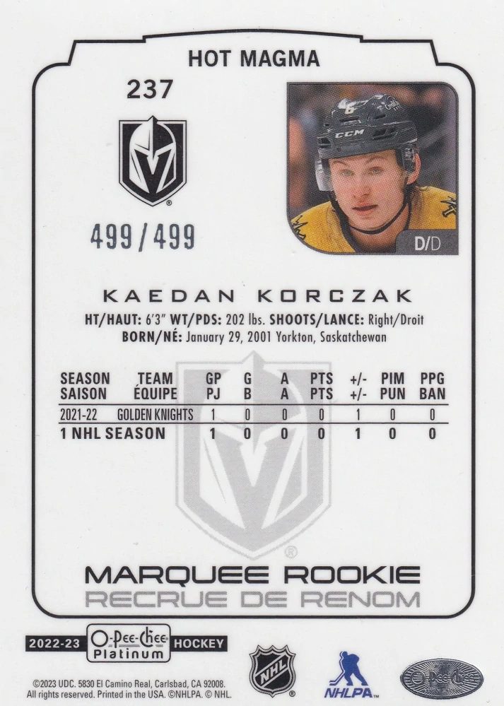 2022-23 UD O-Pee-Chee Platinum - Kaedan Korczak - Marquee Rookie Hot Magma /499 #237