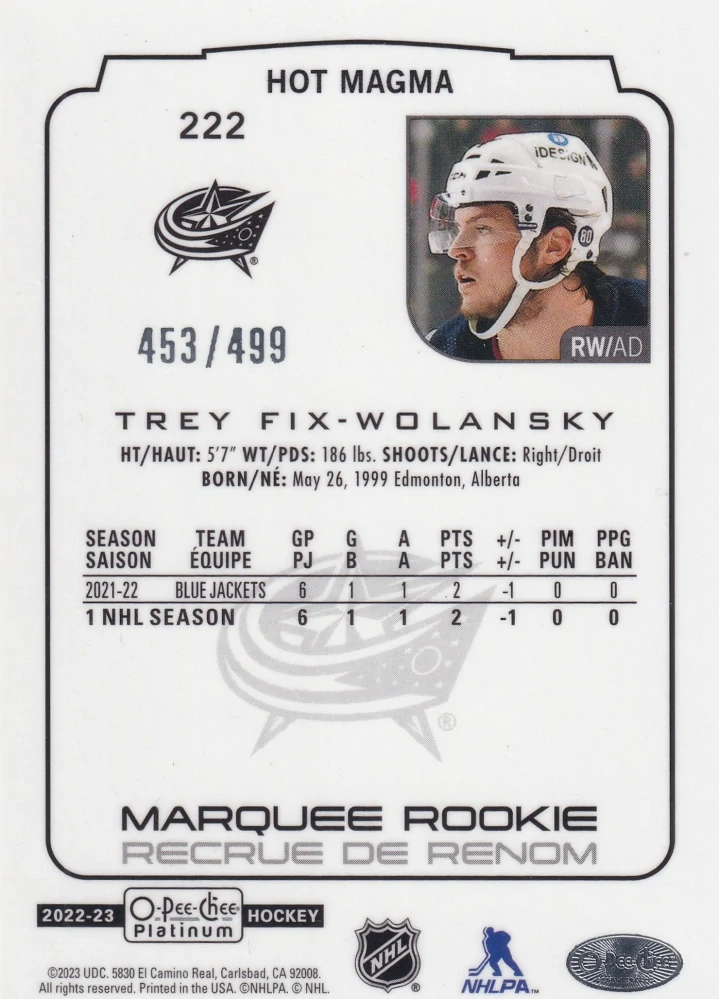 2022-23 UD O-Pee-Chee Platinum - Trey Fix-Wolansky - Marquee Rookie Hot Magma /499 #222