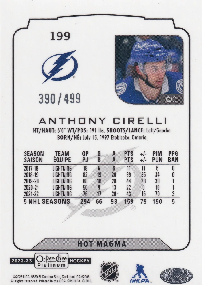 2022-23 UD O-Pee-Chee Platinum - Anthony Cirelli - Hot Magma /499 #199