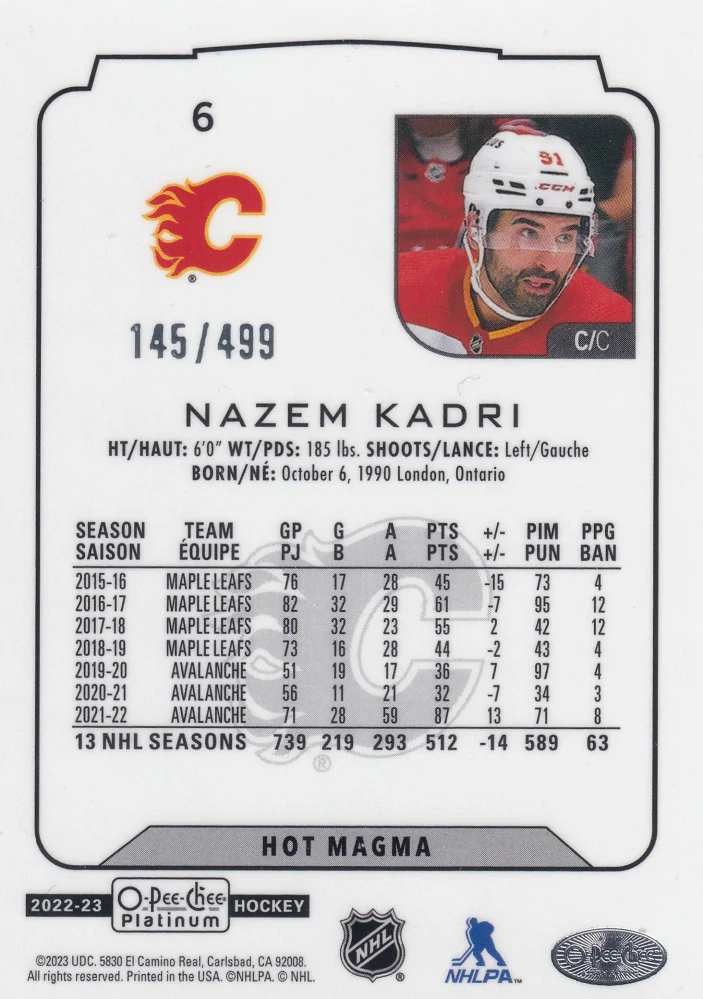 2022-23 UD O-Pee-Chee Platinum - Nazem Kadri - Hot Magma /499 #6