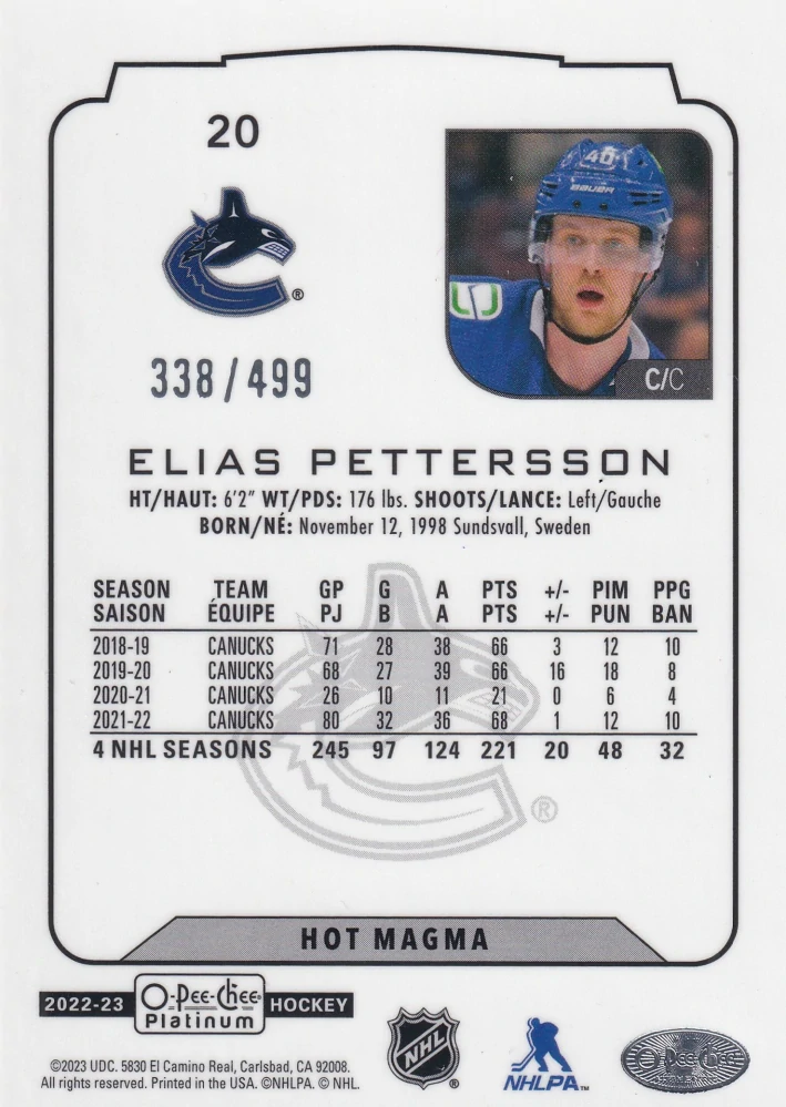 2022-23 UD O-Pee-Chee Platinum - Elias Pettersson - Hot Magma /499 #20