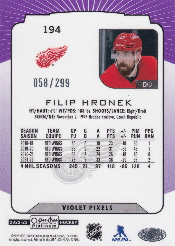 2022-23 UD O-Pee-Chee Platinum - Filip Hronek - Violet Pixels /299 #194