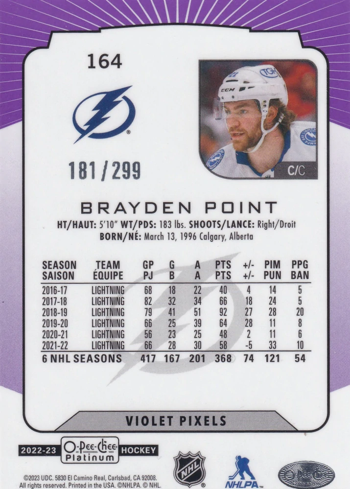 2022-23 UD O-Pee-Chee Platinum - Brayden Point - Violet Pixels /299 #164