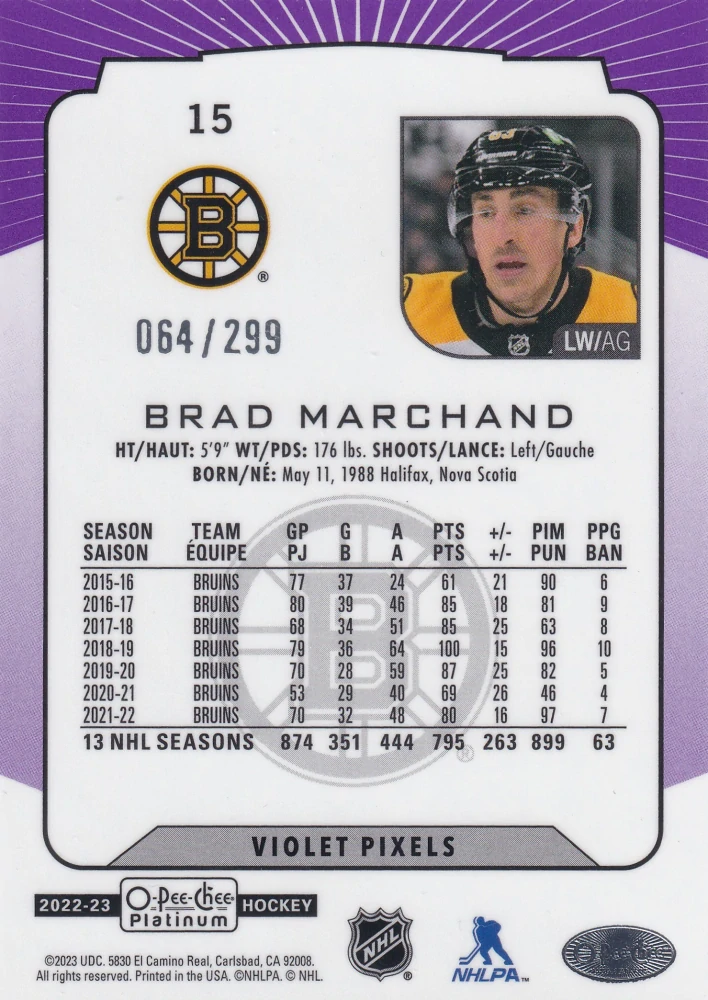 2022-23 UD O-Pee-Chee Platinum - Brad Marchand - Violet Pixels /299 #15