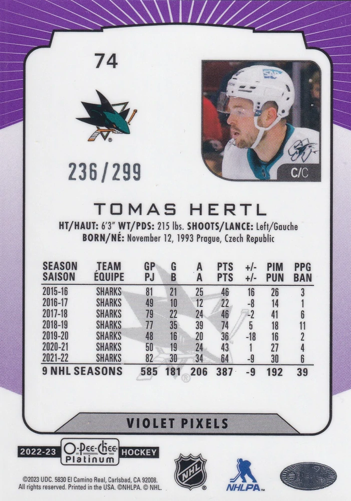 2022-23 UD O-Pee-Chee Platinum - Tomáš Hertl - Violet Pixels /299 #74