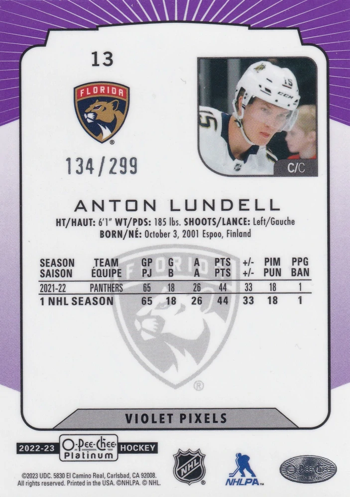 2022-23 UD O-Pee-Chee Platinum - Anton Lundell - Violet Pixels /299 #13