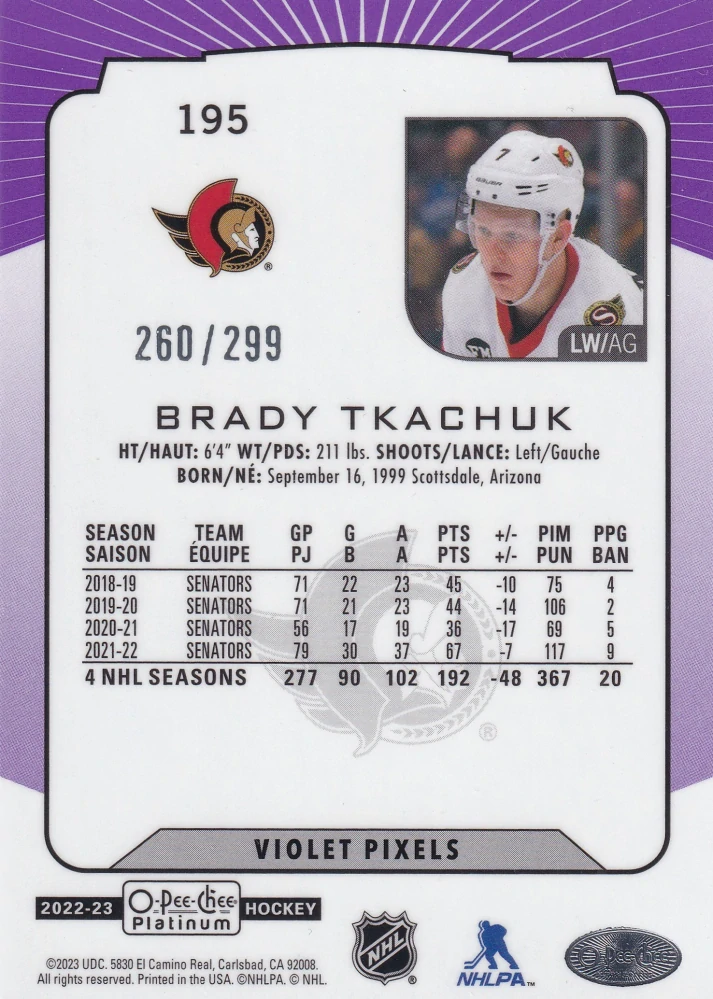 2022-23 UD O-Pee-Chee Platinum - Brady Tkachuk - Violet Pixels /299 #195