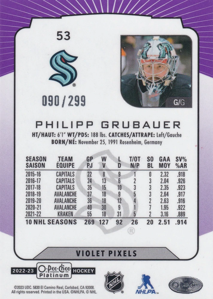 2022-23 UD O-Pee-Chee Platinum - Philipp Grubauer - Violet Pixels /299 #53