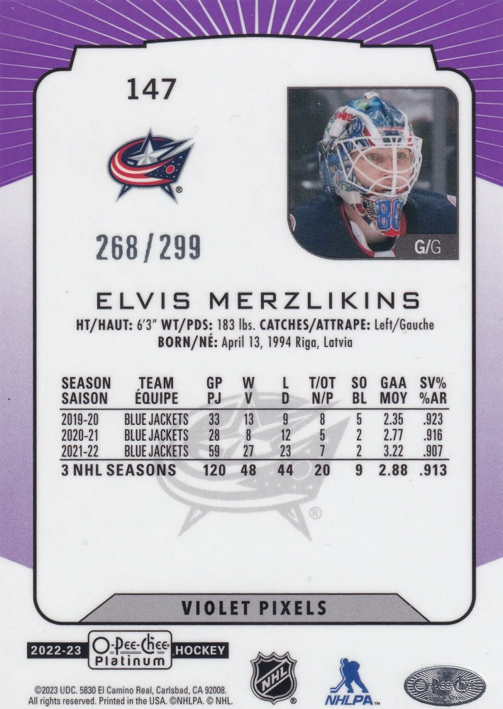 2022-23 UD O-Pee-Chee Platinum - Elvis Merzlikins - Violet Pixels /299 #147