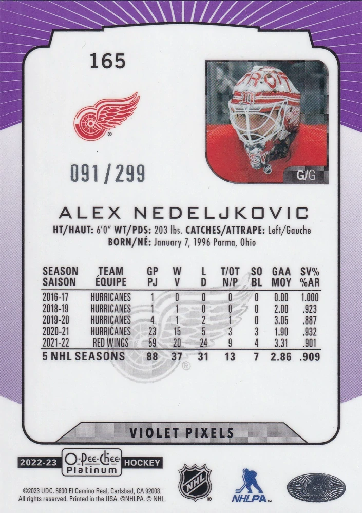 2022-23 UD O-Pee-Chee Platinum - Alex Nedeljkovic - Violet Pixels /299 #165