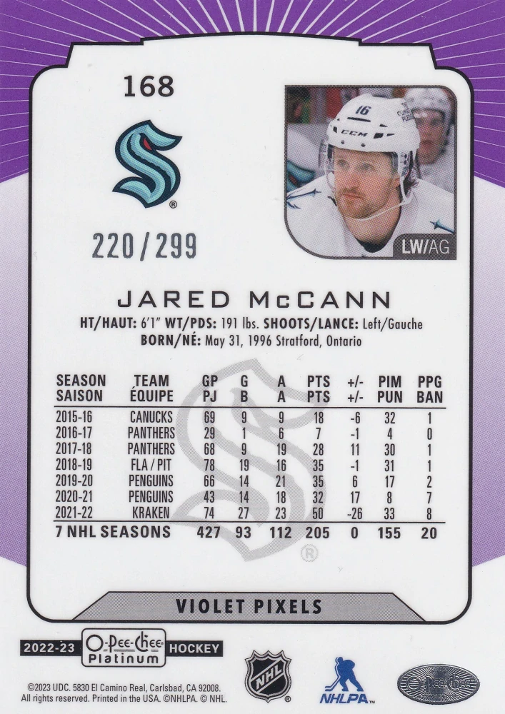 2022-23 UD O-Pee-Chee Platinum - Jared McCann - Violet Pixels /299 #168
