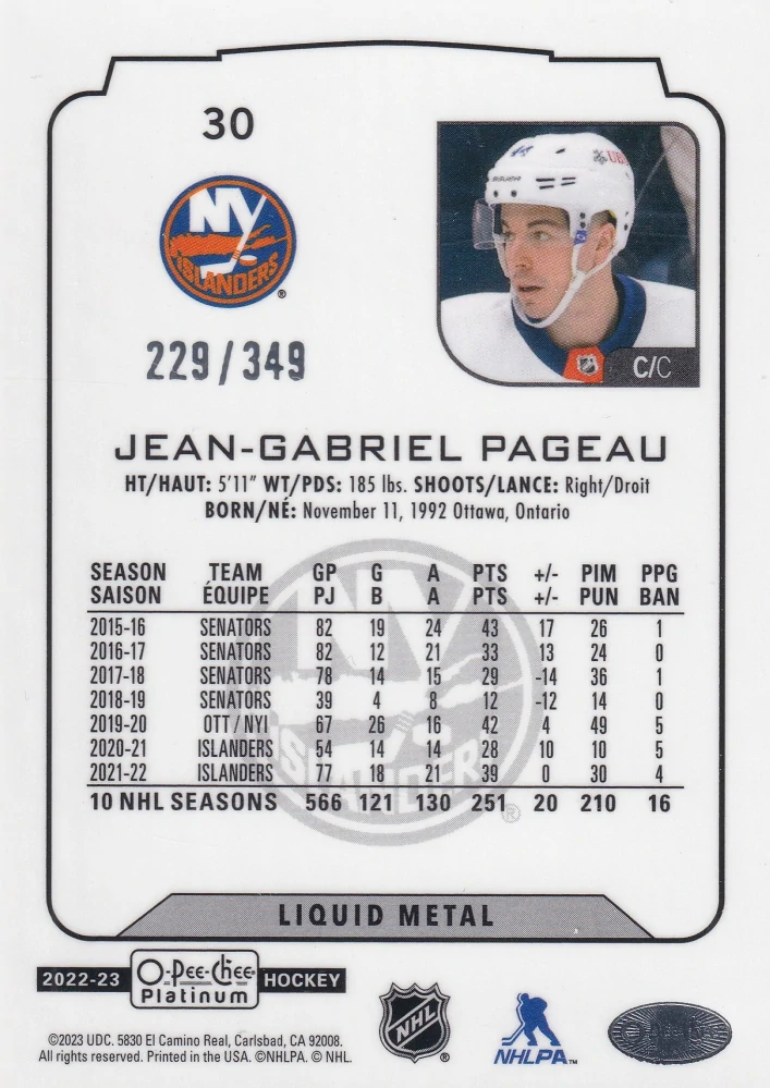 2022-23 UD O-Pee-Chee Platinum - Jean-Gabriel Pageau - Liquid Metal /349 #30