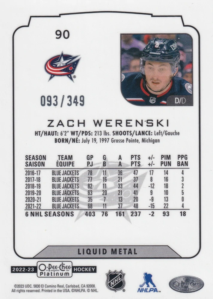 2022-23 UD O-Pee-Chee Platinum - Zach Werenski - Liquid Metal /349 #90