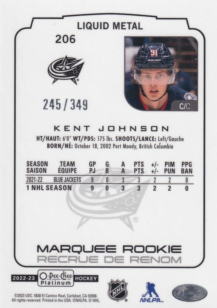 2022-23 UD O-Pee-Chee Platinum - Kent Johnson - Marquee Rookie Liquid Metal /349 #206