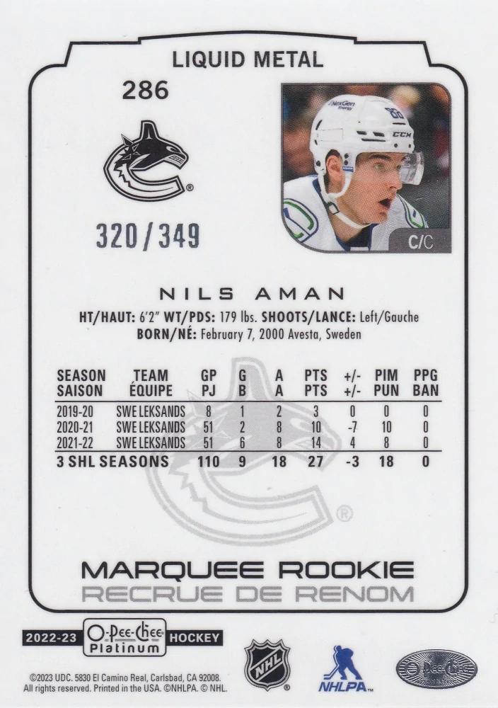 2022-23 UD O-Pee-Chee Platinum - Nils Aman - Marquee Rookie Liquid Metal /349 #286