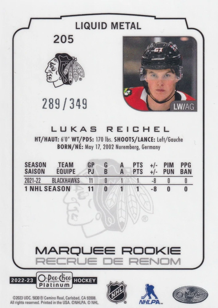 2022-23 UD O-Pee-Chee Platinum - Lukas Reichel - Marquee Rookie Liquid Metal /349 #205