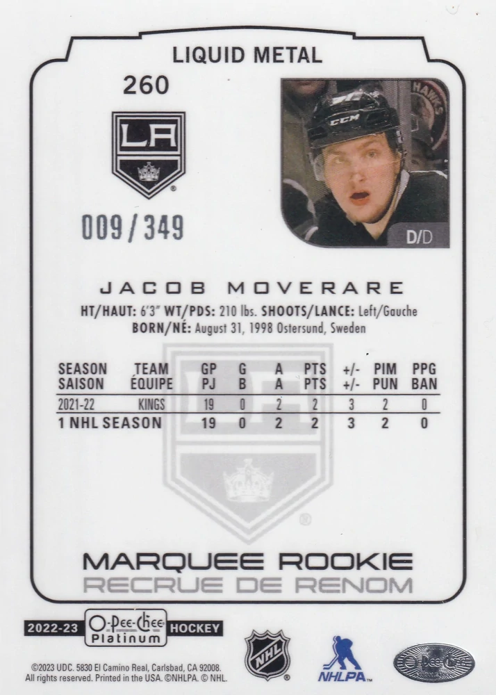 2022-23 UD O-Pee-Chee Platinum - Jacob Moverare - Marquee Rookie Liquid Metal /349 #260