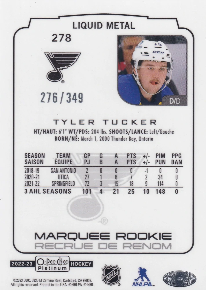 2022-23 UD O-Pee-Chee Platinum - Tyler Tucker - Marquee Rookie Liquid Metal /349 #278