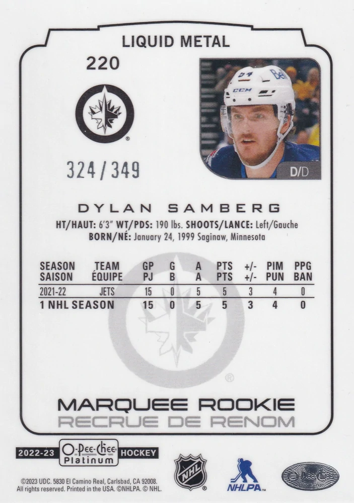 2022-23 UD O-Pee-Chee Platinum - Dylan Samberg - Marquee Rookie Liquid Metal /349 #220