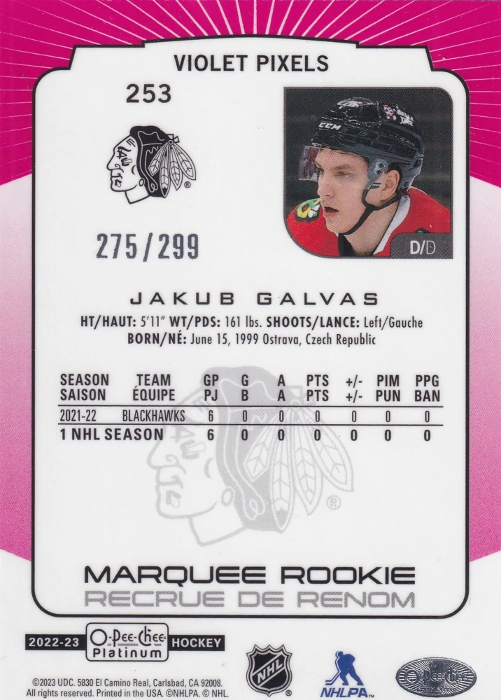 2022-23 UD O-Pee-Chee Platinum - Jakub Galvas - Marquee Rookie Violet Pixels /299 #253