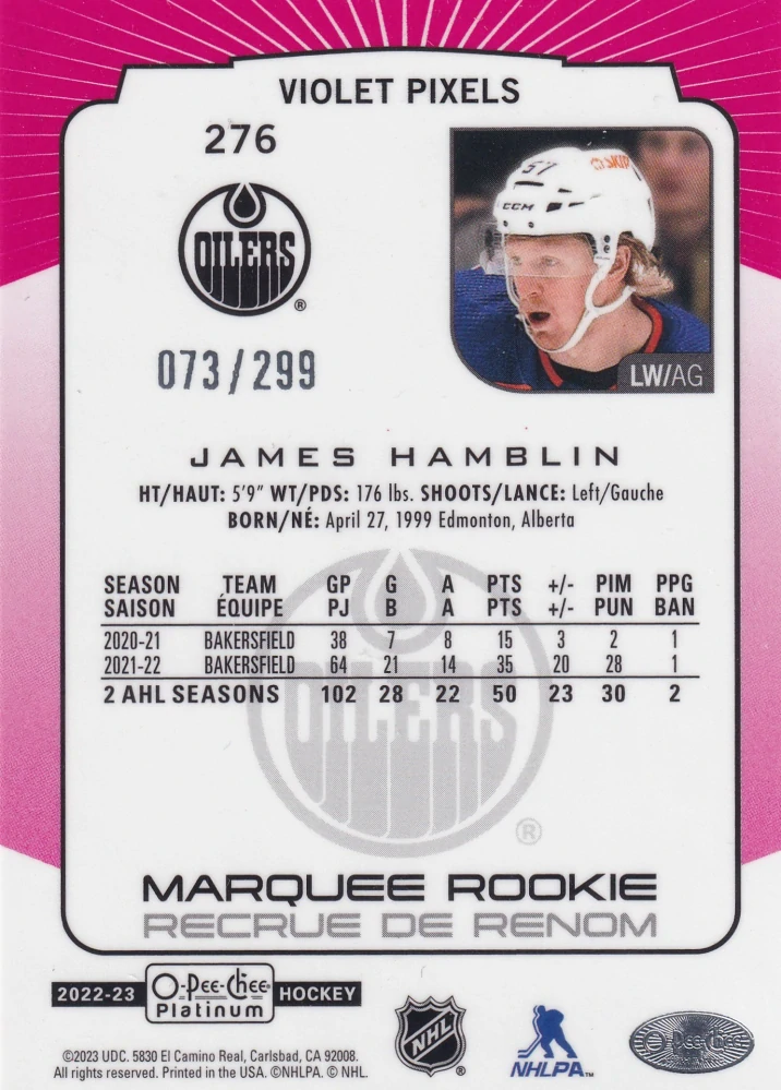 2022-23 UD O-Pee-Chee Platinum - James Hamblin - Marquee Rookie Violet Pixels /299 #276