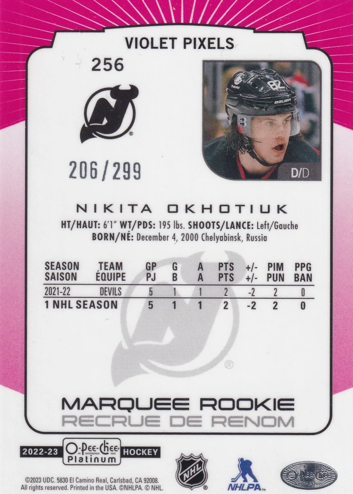2022-23 UD O-Pee-Chee Platinum - Nikita Okhotiuk - Marquee Rookie Violet Pixels /299 #256