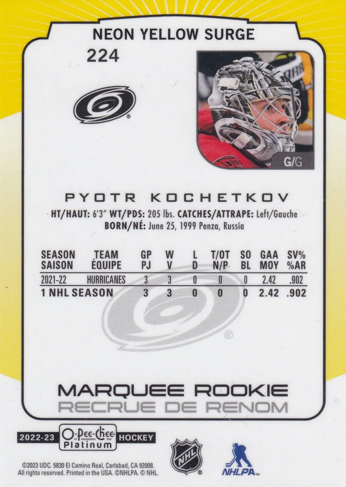 2022-23 UD O-Pee-Chee Platinum - Pyotr Kochetkov - Marquee Rookie Neon Yellow Surge #224
