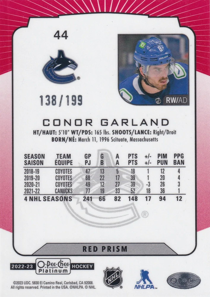 2022-23 UD O-Pee-Chee Platinum - Conor Garland - Red Prism /199 #44
