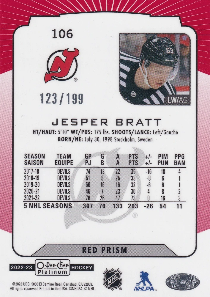 2022-23 UD O-Pee-Chee Platinum - Jesper Bratt - Red Prism /199 #106