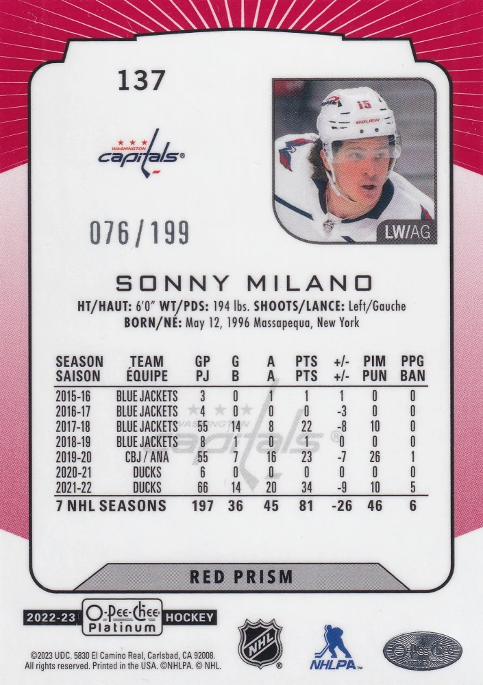 2022-23 UD O-Pee-Chee Platinum - Sonny Milano - Red Prism /199 #137
