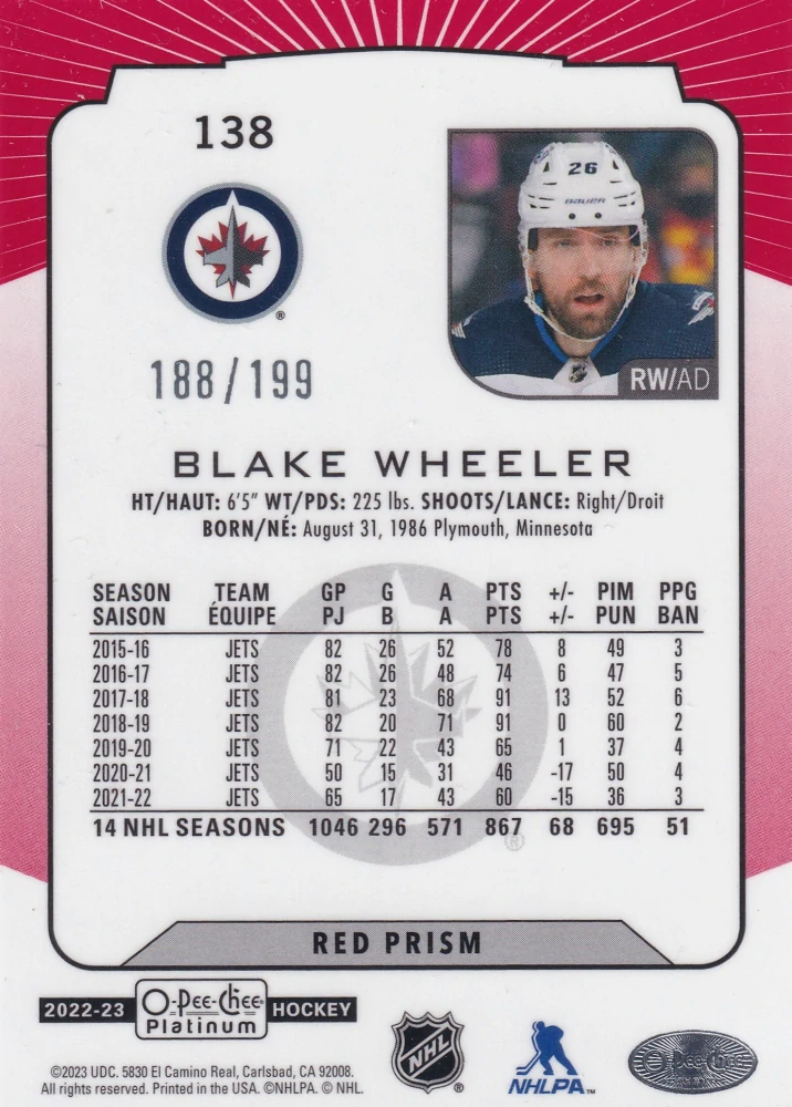 2022-23 UD O-Pee-Chee Platinum - Blake Wheeler - Red Prism /199 #138