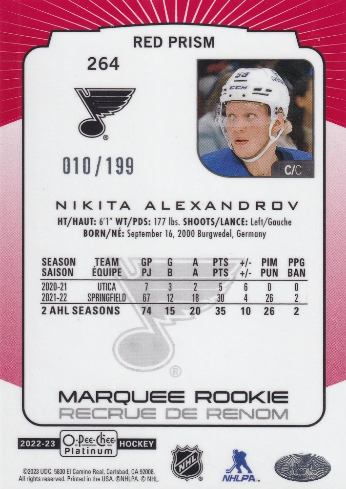 2022-23 UD O-Pee-Chee Platinum - Nikita Alexandrov - Marquee Rookie Red Prism /199 #264