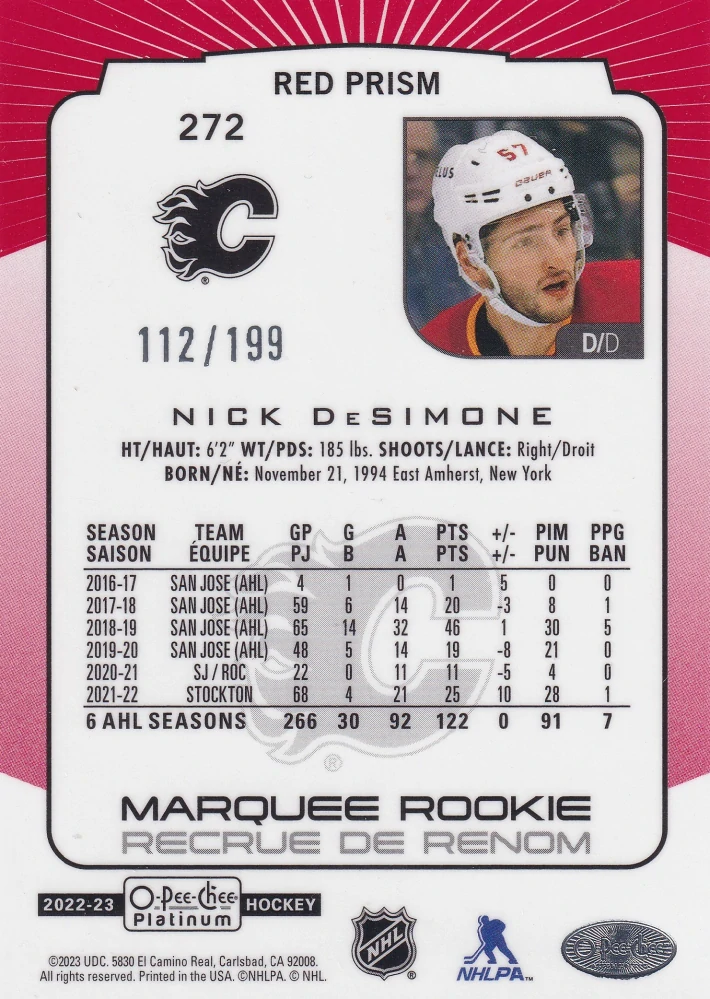 2022-23 UD O-Pee-Chee Platinum - Nick DeSimone - Marquee Rookie Red Prism /199 #272