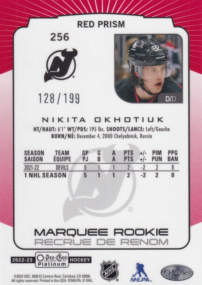2022-23 UD O-Pee-Chee Platinum - Nikita Okhotiuk - Marquee Rookie Red Prism /199 #256