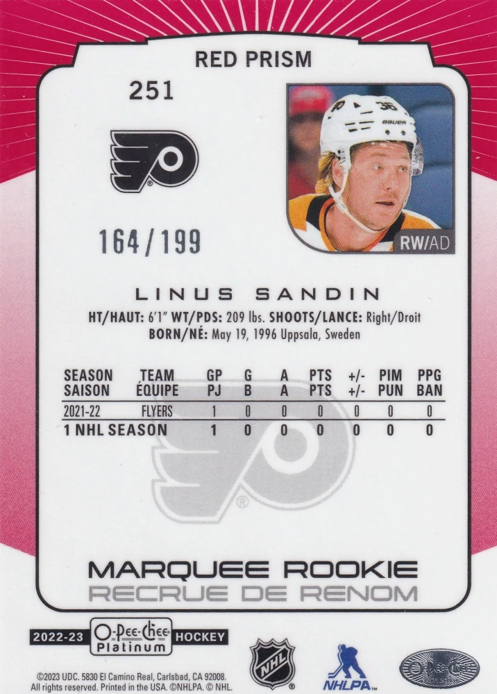 2022-23 UD O-Pee-Chee Platinum - Linus Sandin - Marquee Rookie Red Prism /199 #251
