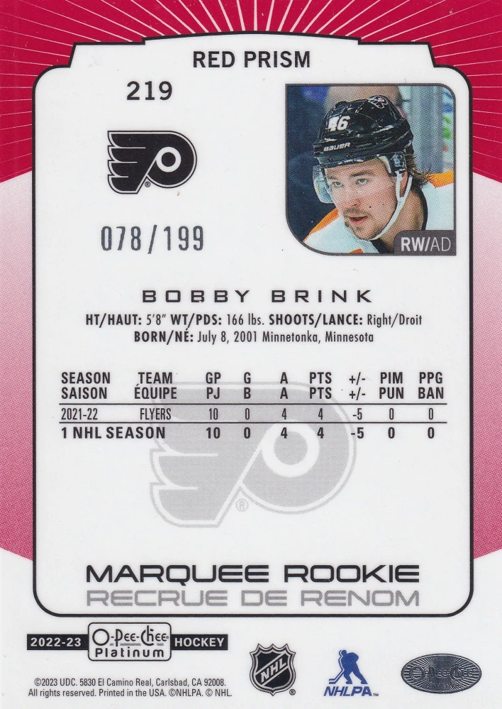 2022-23 UD O-Pee-Chee Platinum - Bobby Brink - Marquee Rookie Red Prism /199 #219