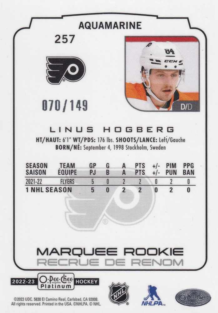 2022-23 UD O-Pee-Chee Platinum - Linus Hoghberg - Marquee Rookie Aquamarine /149 #257