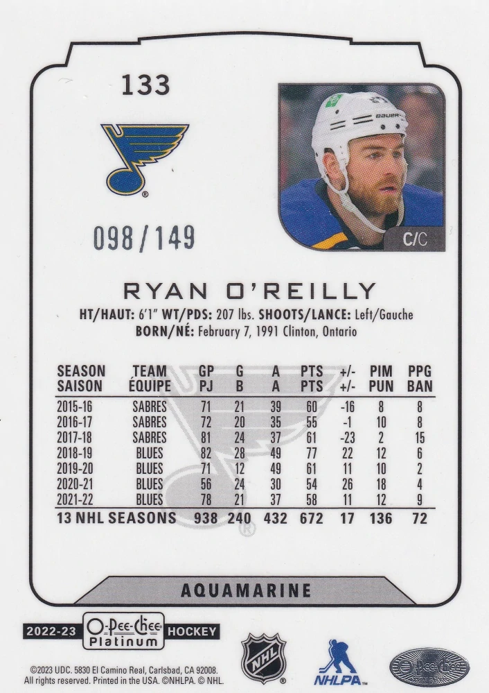 2022-23 UD O-Pee-Chee Platinum - Ryan O'Reilly - Aquamarine /149 #133