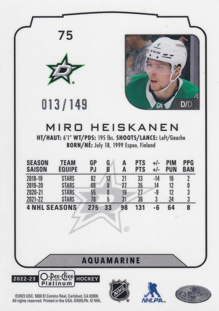 2022-23 UD O-Pee-Chee Platinum - Miro Heiskanen - Aquamarine /149 #75