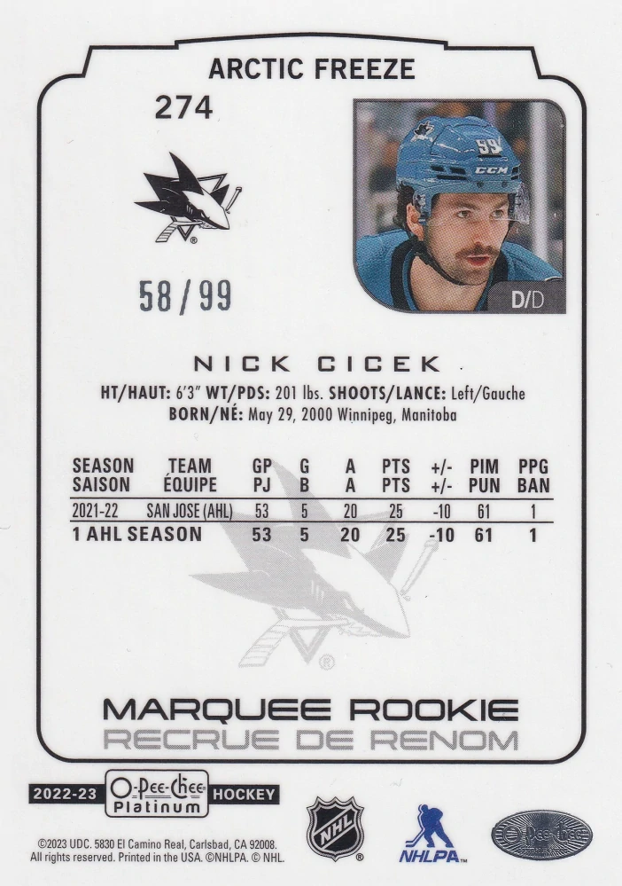 2022-23 UD O-Pee-Chee Platinum - Nick Cicek - Marquee Rookie Arctic Freeze /99 #274