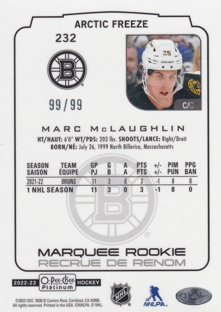 2022-23 UD O-Pee-Chee Platinum - Marc McLaughlin - Marquee Rookie Arctic Freeze /99 #232