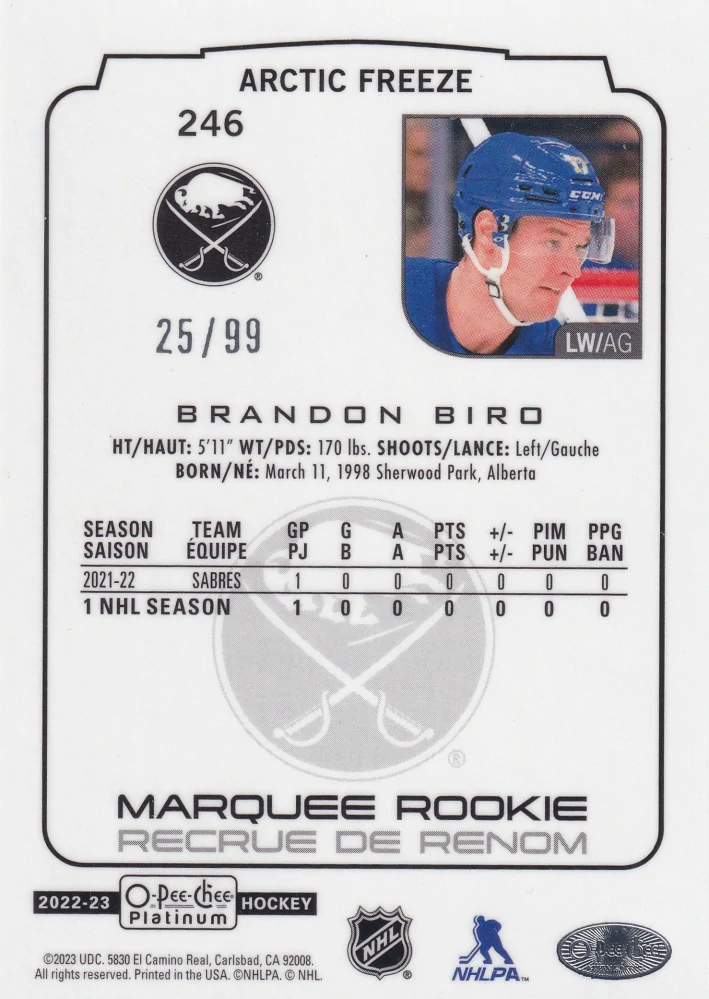 2022-23 UD O-Pee-Chee Platinum - Brandon Biro - Marquee Rookie Arctic Freeze /99 #246