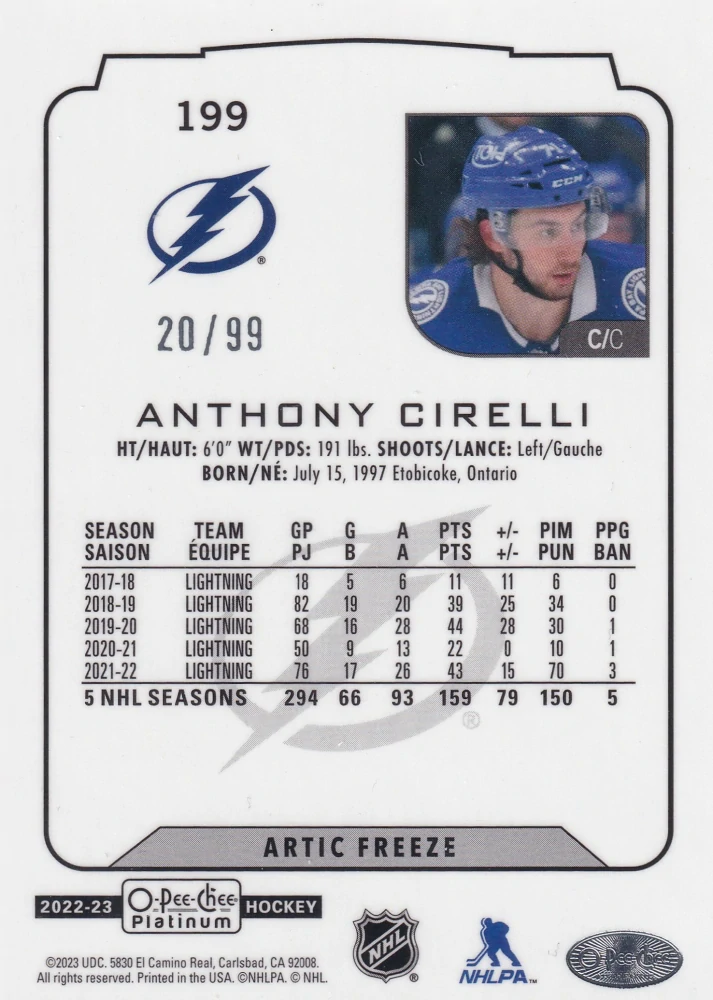2022-23 UD O-Pee-Chee Platinum - Anthony Cirelli - Arctic Freeze /99 #199