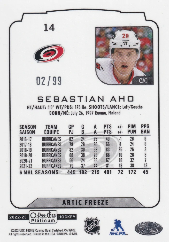 2022-23 UD O-Pee-Chee Platinum - Sebastian Aho - Arctic Freeze /99 #14