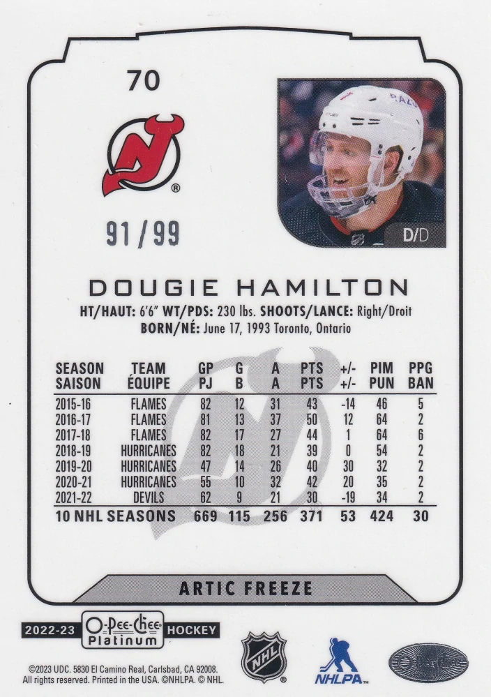 2022-23 UD O-Pee-Chee Platinum - Dougie Hamilton - Arctic Freeze /99 #70