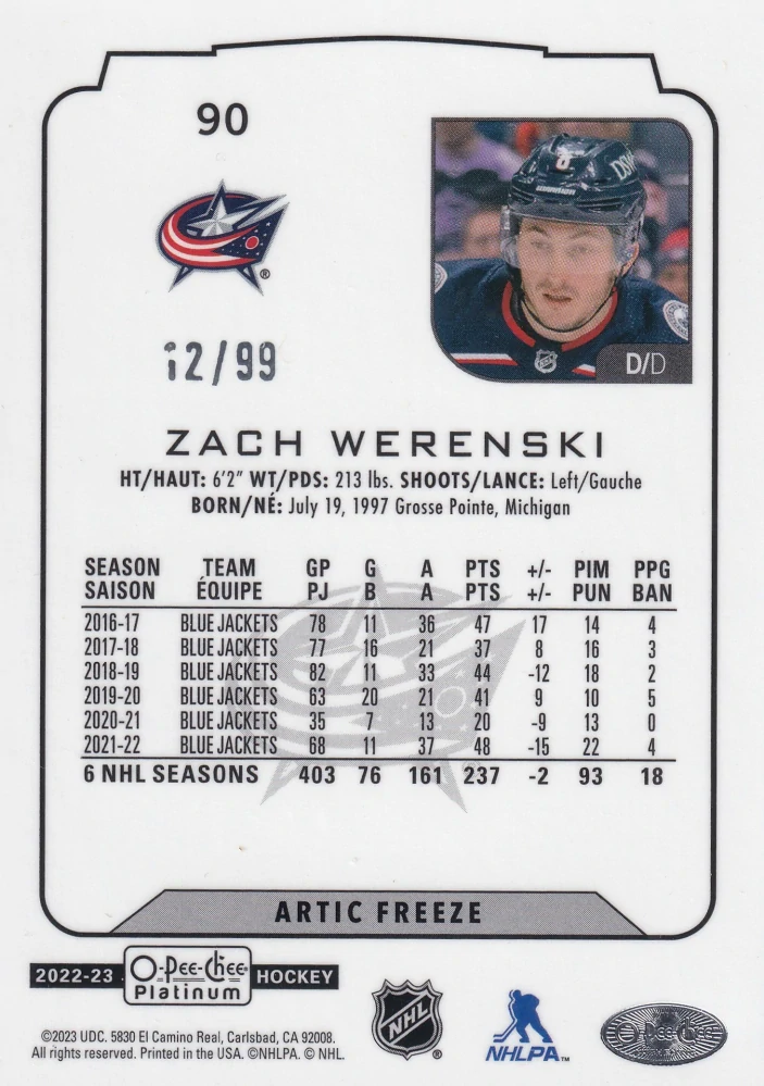 2022-23 UD O-Pee-Chee Platinum - Zach Werenski - Arctic Freeze /99 #90