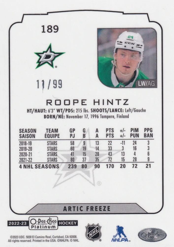 2022-23 UD O-Pee-Chee Platinum - Roope Hintz - Arctic Freeze /99 #189