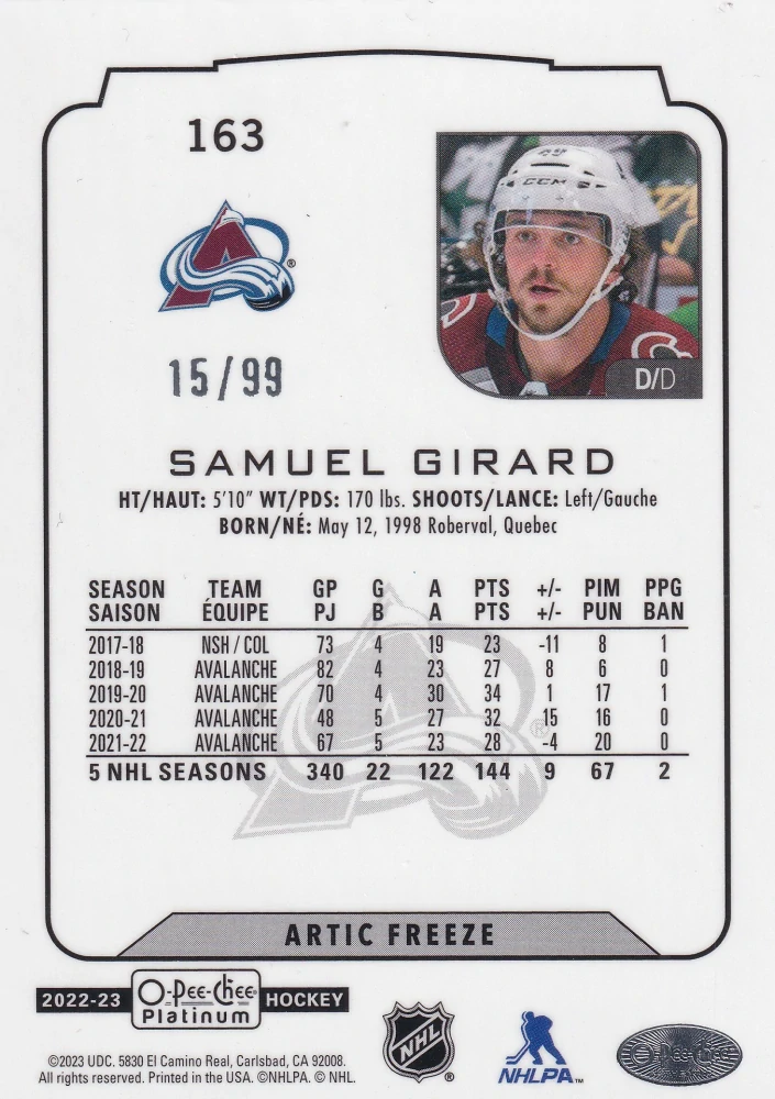 2022-23 UD O-Pee-Chee Platinum - Samuel Girard - Arctic Freeze /99 #163