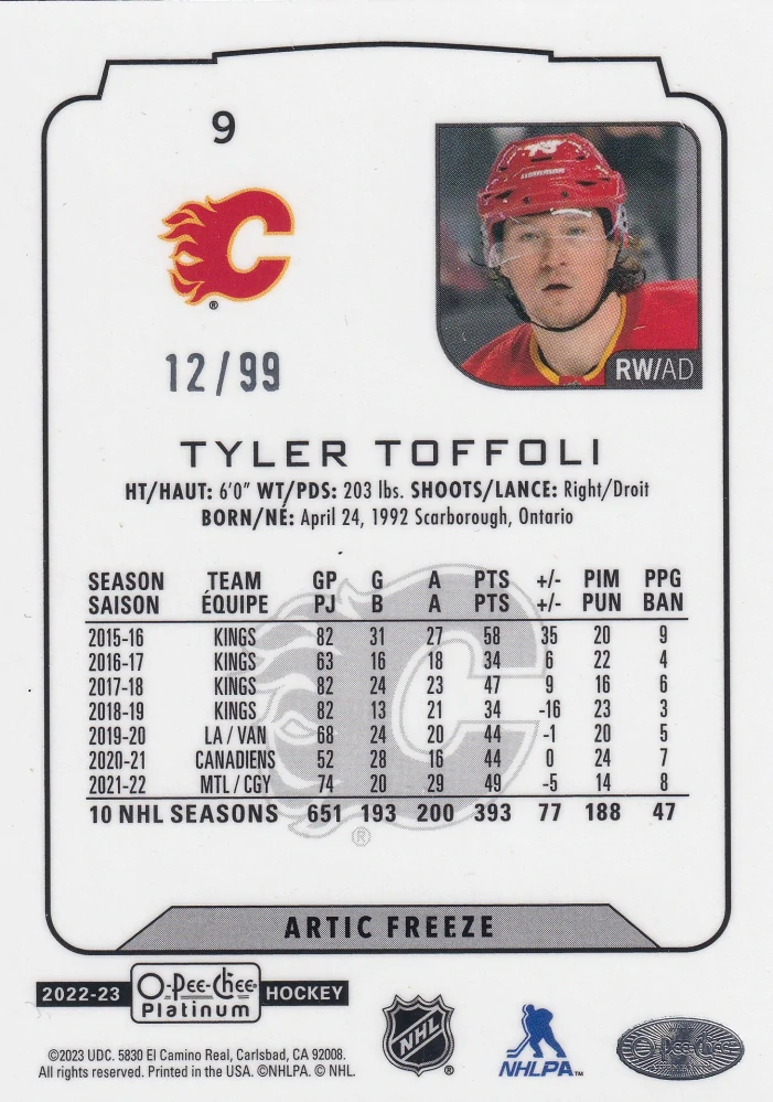 2022-23 UD O-Pee-Chee Platinum - Tyler Toffoli - Arctic Freeze /99 #9